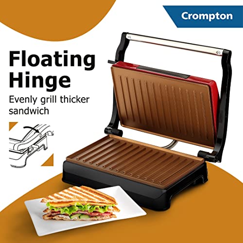 Crompton QuickServe 2 Slice Panini Maker with Floating Hinges | 700W Sandwich Maker | Golden Food Grade Non-Stick Coating Plates Sandwich Maker (Red)