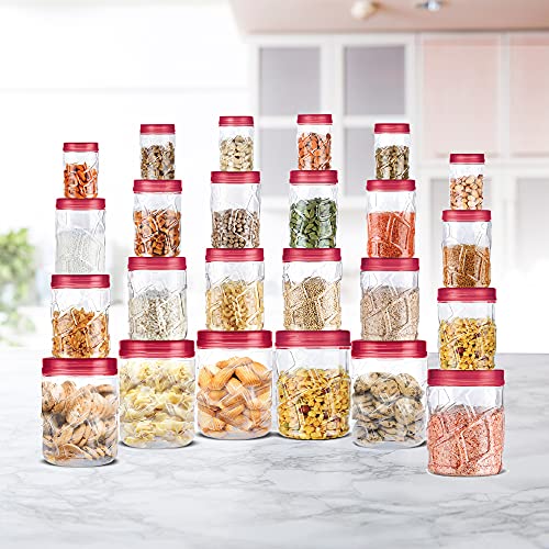 MILTON Vitro Plastic Pet Storage Jar and Container, Set of 24 (6 pcs x 270 ml Each, 6 pcs x 665 ml Each, 6 pcs x 1.24 Ltrs Each, 6 pcs x 1.85 Ltrs Each), Red Wine | Food Grade | Air Tight | BPA Free