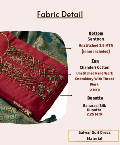 EthnicJunction Women's Chanderi Cotton Hand Embroidered Work Unstitched Salwar Suit Material With Banarasi Dupatta (Red)