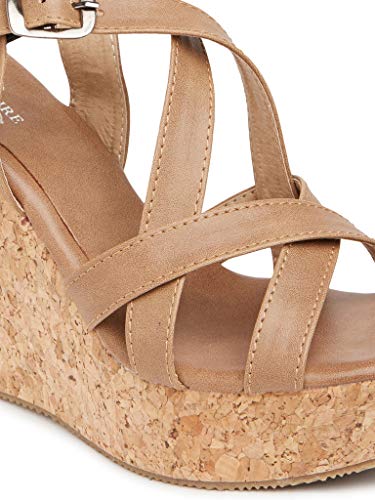Marc Loire Women's Open Toe Fashion High Heel Buckled Closure Wedges Sandals (Tan, numeric_8)