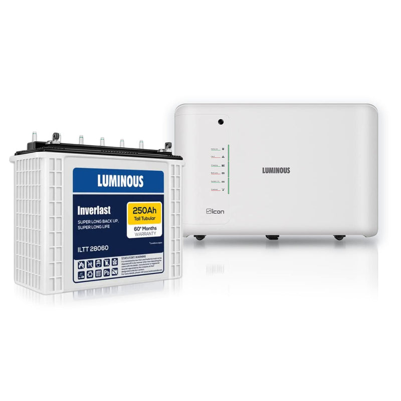 Luminous Inverter for Home, Office & Shop with Luminous Battery, Icon 1600 Pure Sine Wave 1400VA 12 Volt Inverter with ILTT 28060 Tall Tubular 250 Ah Battery Combo, 2 years warranty on inverter, 5 years warranty on battery (3 years Flat + 2 years Pro-rata