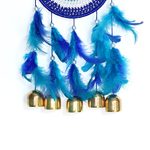 RPH Handicrafts Metal, Bell, Feather, Bead, Thread Wind Chime Dream Catcher for Wall Decor, Bedroom, Balcony, Garden, Kids Room (30 cm x 13 cm) Small (Evil Eye), Blue Eye