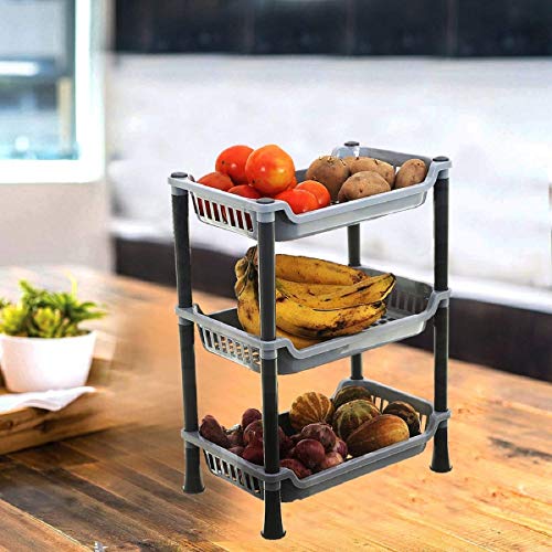 Kuber industries Plastic 3 Layer Multi-Purpose Kitchen Storage Basket Rack|Vegetable Basket For Kitchen (Grey, Tiered Shelf)