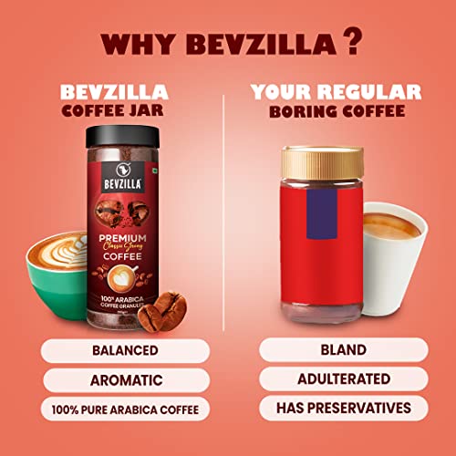 Bevzilla 200 Gram 100% Arabica Instant Classic Strong Coffee Powder | Make 100 Cups | Strong Coffee| Classic Coffee| Espresso, Latte & Cappucino| Hot & Cold Coffee | Unbreakable Jar