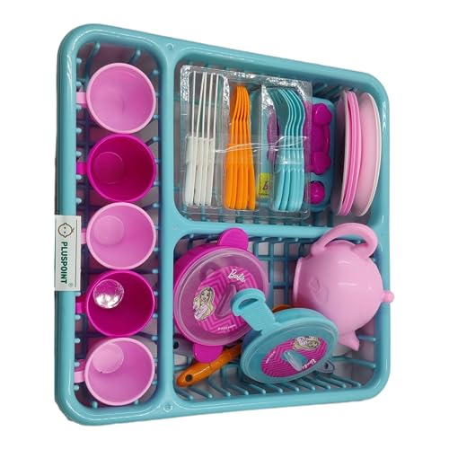 PLUSPOINT Tea Set with Basket Kids Kitchen Pretend Play Accessory Toy Set Tableware Tea Playset for Kids with Organiser Tray, Dishes, Pots, Pans and Cooking Utensils for Boys & Girls (Tea Pot Tray)