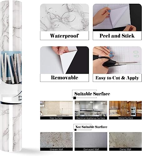 SOFLIN 60CM X 200CM Kitchen Oil Proof Foil Stickers,Kitchen Backsplash Wallpaper,Self-Adhesive Wall Sticker Waterproof Anti Mode and Heat Resistant Drawer (1, White Marble Foil)