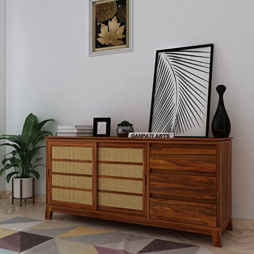 Ganpati Arts Sheesham Wood Cosmos Sideboard Storage Cabinet with 3 Drawer Organizer for Bedroom Living Room Home Wooden Cane Furniture (Natural Finish) 1 Year Warranty