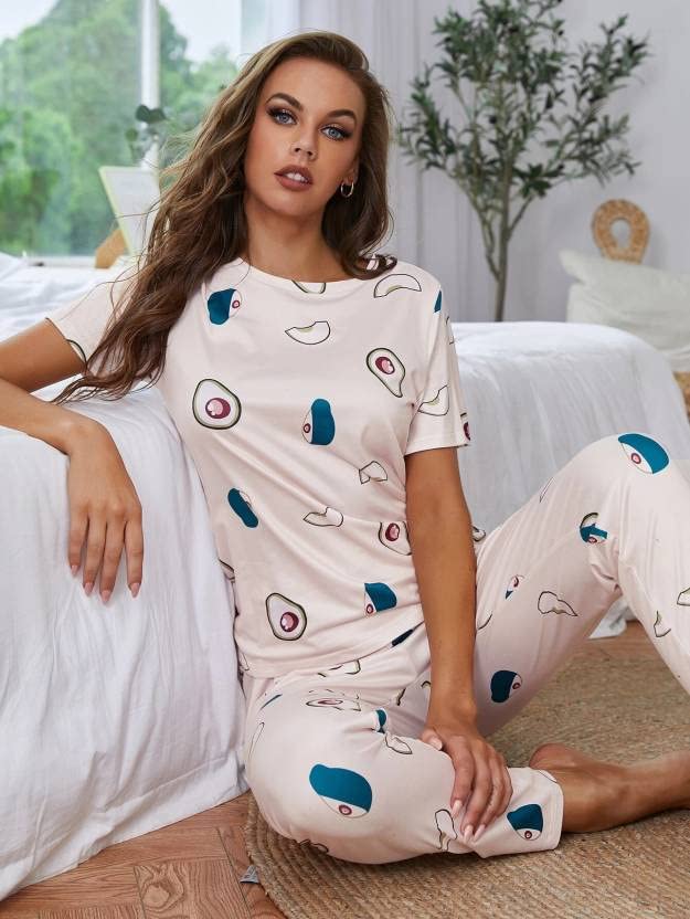 LookMark Women's Cotton Lycra Graphic Print Pyjama Set for Women || Night Suit Set || Night Dress for Women(NW04-XL-01)