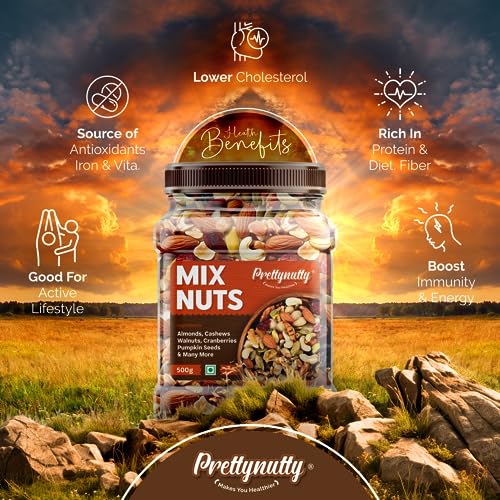 PrettyNutty Healthy Nutmix 500g, Dried Almonds, Black Raisins, Cashewnuts, Cranberries, Green Raisins, Walnut Kernels & Many More.