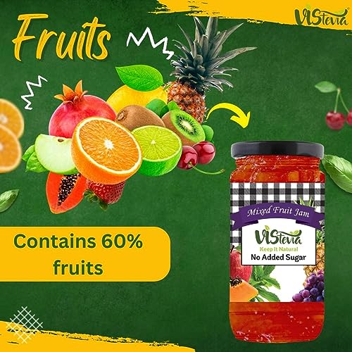 Vistevia Sugar Free Mixed Fruit Jam, Diabetic and Keto Friendly - Sweetened Naturally with Stevia, More Than 60% Fruit Content - Tastes Delicious - Pack of 1 (400G)