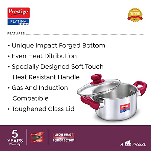 Prestige Platina Popular Stainless Steel Gas and Induction Compatible Casserole with Glass Lid, 200 mm, 3 Litre