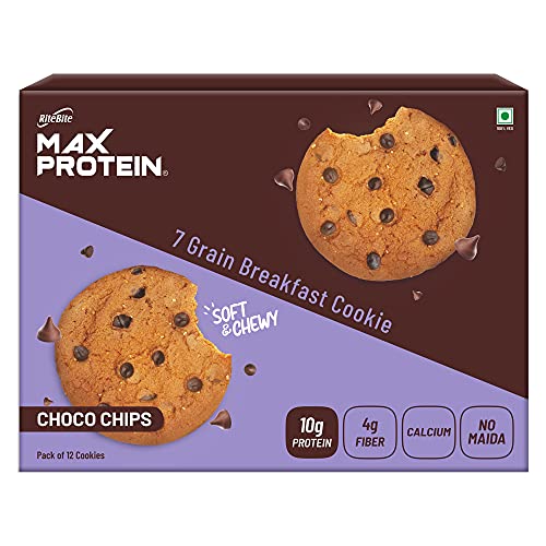 RiteBite Max Protein 7 Grain Breakfast Cookies - Choco Chips (660g, Pack of 12) loaded with Protein, Fiber and calcium, NO MAIDA, GMO FREE, NO Preservatives.