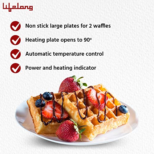 Lifelong LLWM105 750-Watt Belgian Waffle Maker for Home| Makes 2 Square Shape Waffles| Non-stick Plates| Easy to Use with Indicator Lights (1 Year Warranty, Black)