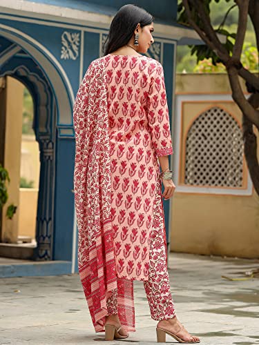 Vaamsi Women's Cotton Blend Floral Printed Straight Kurta Pant With Dupatta (VKSKD1154_Pink_M)