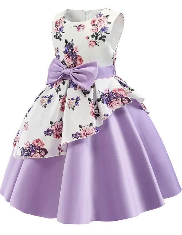 Buy & Try Girl's Satin Floral Printed Knee Length Short Frock Dress. (Purple, 5-6-YEAR)