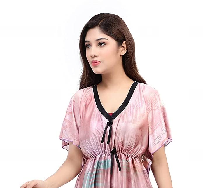 G4Girl Women Satin Silk Geometric Print Maxi Kaftan Nighty Gown (Free Size, Peach)