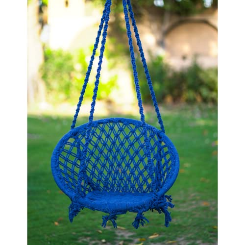 Patiofy Round Cotton Hammock Swing for Adults & Kids/Jhula Swing for Balcony, Indoor, Outdoor, Garden/Capacity Upto 120Kgs/ Includes Free Hanging Accessories/Handmade Hammock Hanging Swing Chair-Blue