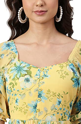 Janasya Women's Yellow Georgette Floral Print Flared Western Dress(J0433, L)