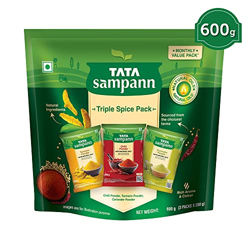 Tata Sampann Triple Spice Pack | Chilli Powder 200g| Turmeric Powder 200g | Coriander Powder 200g | Monthly Value Pack | 600g