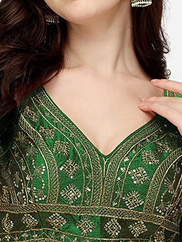 Pujia Mills Women's Silk Embroidery Sequins Zari Work Sleeveless Readymade Saree Blouse (Radha Krishna 11_Green_38)