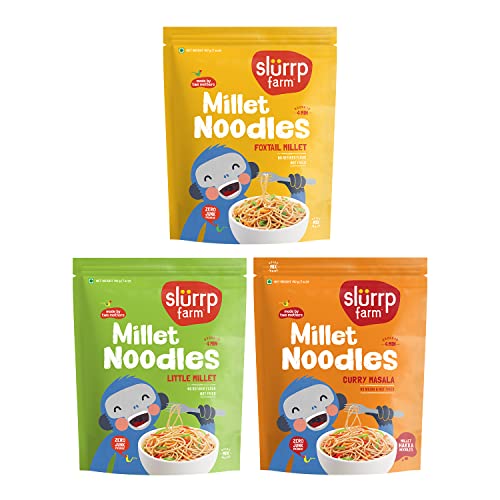 Slurrp Farm No Maida Noodles Combo | Not Fried, No MSG | Foxtail Millet, Little Millet, Curry Masala | Pack of 3 X 192 g