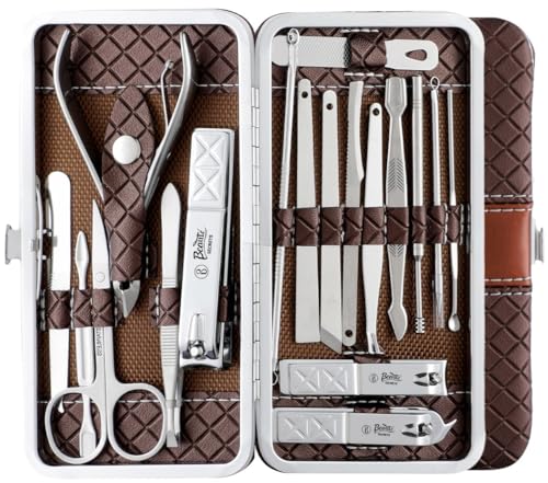 Beauté Secrets Essentials 18 Pieces Manicure Kit, Pedicure Tools for Feet, Nail Clipper, Ear Pick Tweezers, Manicure Pedicure Set for Women and Men (Brown)