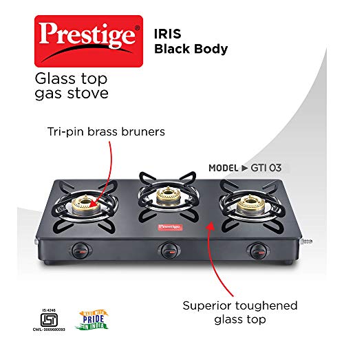 Prestige IRIS Toughened Glass-Top 3 Brass Burner LPG Gas Stove | Black Spill Proof Design | Ergonomic Knob | Tri-Pin Burners