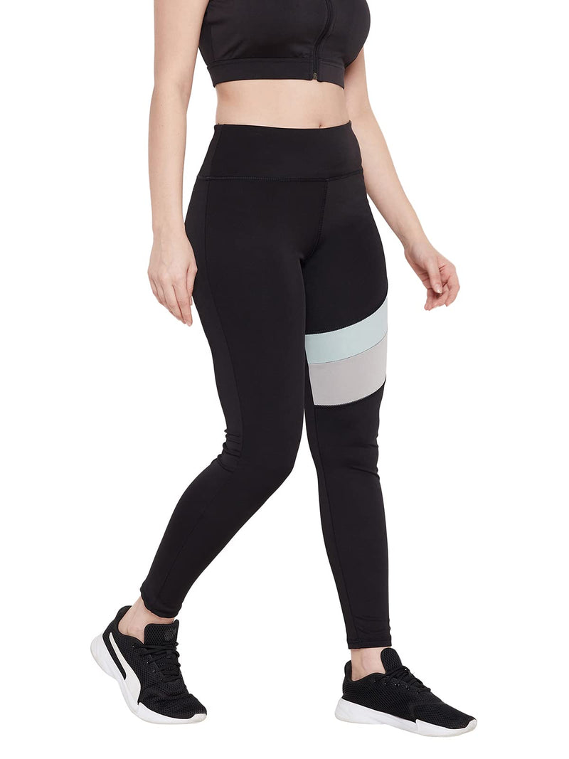 Clovia Women's Activewear Snug Fit Sports Tights with Printed Panel (AB0036B13_Black_M)