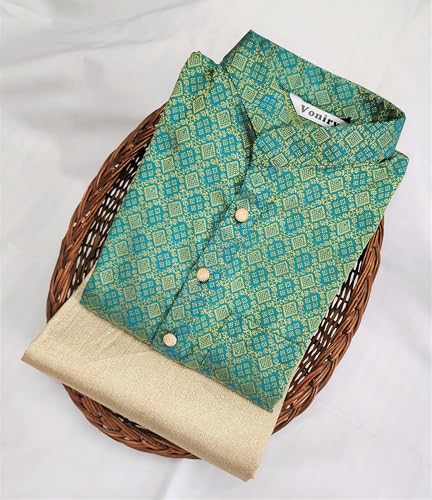 Voniry Men Regular Full Sleeve Silk Cotton Kurta with Golden Pajama Set (M, Green)