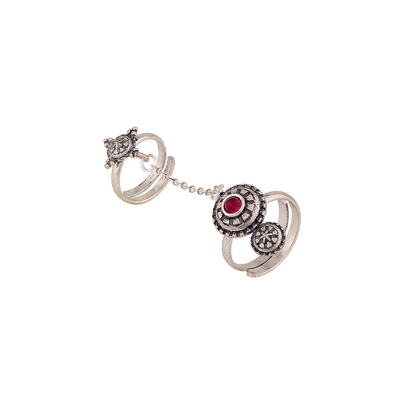 Voylla Brass Silver Oxidised Adjustable Two Finger Ring with Red Stone for Women and Girls