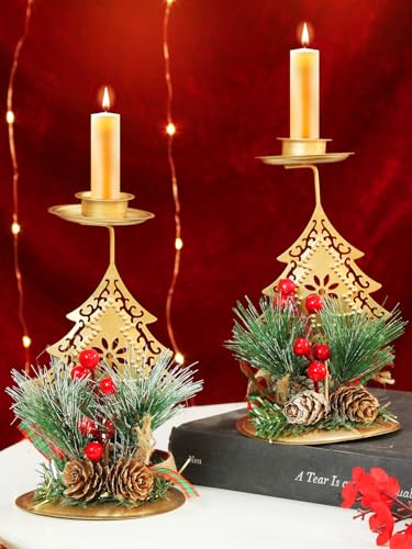 TIED RIBBONS Pack of 2 Christmas Wreath Candle Holder Stand for Pillar Candles Tealight Table Decoration Xmas Decor (15.2 cm x 8.8 cm) - Christmas Decorations Items for Home Office Church Gifts