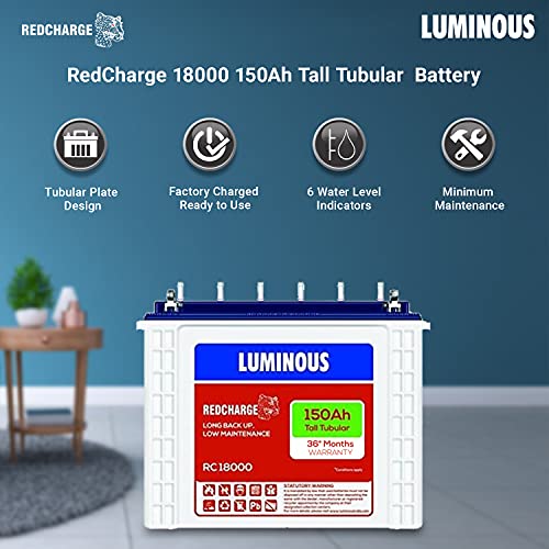 Luminous Inverter & Battery Combo (Cruze 3.5 KVA Sine Wave 3500VA/48V Inverter with RC18000 Tall Tubular 150Ah Battery - 4 Batteries) for Home, Office & Shops