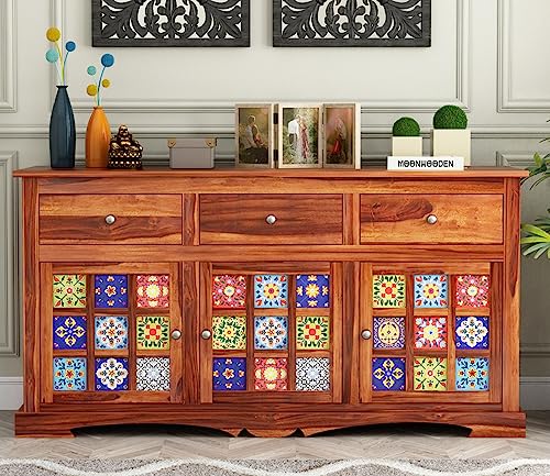 MoonWooden Sheesham Wood Blue Pottery Pattern Ceramic Tilic 3 Drawer & 3 Door with 3 Shelves|Sideboard Cabinet|Natural Honey Oak with Matte Finished-Dimensions(CM)-Length (142) Width (43) Height (86)