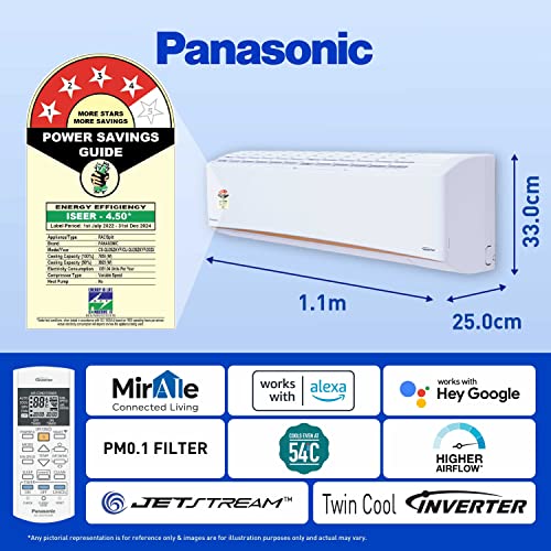 Panasonic 2.2 Ton 4 Star Inverter Split Smart AC (Copper, 7 in 1 Convertible, Twin Cool Inverter, Wifi enabled, 4 Way Swing, PM 0.1 Air Purification Filter,CS/CU-QU26ZKYF, 2023 Model, White)