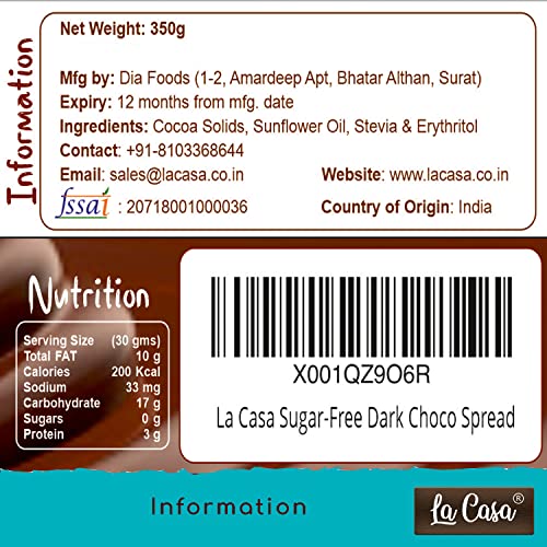 La Casa Sugar-Free Dark Chocolate Spread | Stevia Based | All Natural | Product of India | 350g |