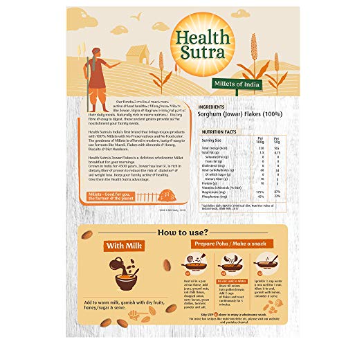 Health Sutra Jowar Flakes - 500gms, Millets Cereal, Gluten Free, Dietary Fibre & Protein Rich Breakfast - Unflavored & Toasted Alternative to Oats