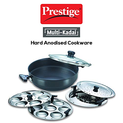 Prestige Hard Anodised Multi Kadhai | 4.5 L | Black | Induction Base | Multi-Purpose Accesories - Idli Stand, Dhokla Stand and Steamer | Round Bottom | Durable Handles