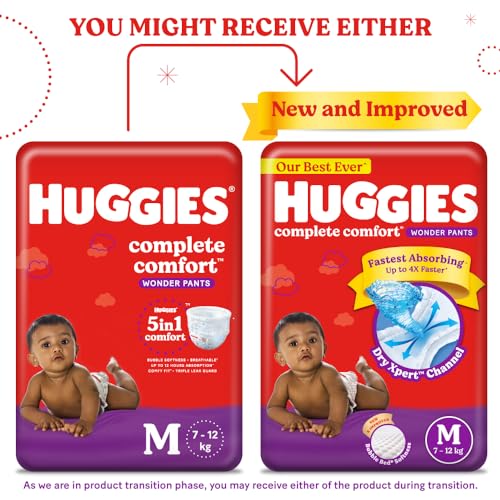 Huggies Complete Comfort Wonder Pants, Medium (7-12kg) Size Count 100 Baby Diaper Pants Combo Pack of 2, 50 count Per Pack, 100 count, with 5 in 1 Comfort