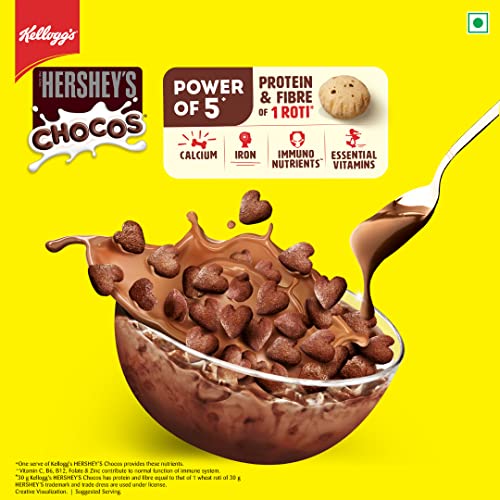 New Kellogg’s HERSHEY’S Chocos 325g with Power of 5+ | Protein & Fibre of 1 Roti* | High in Calcium & Iron | Immuno Nutrients** | Essential Vitamins| Chocolatey Breakfast Cereal for Kids