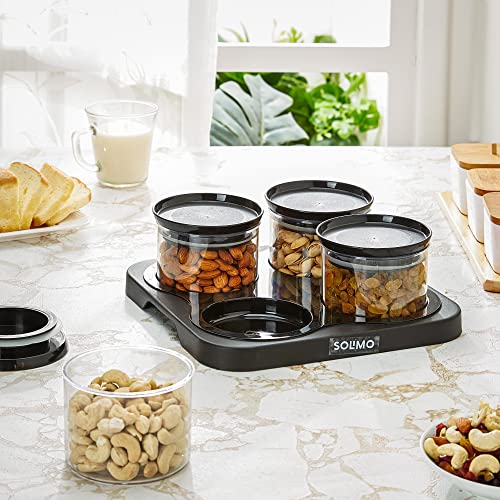 Amazon Brand - Solimo Airtight Plastic Storage Container Set, With 4 Containers (500ml) & Serving Tray, BPA Free, Black