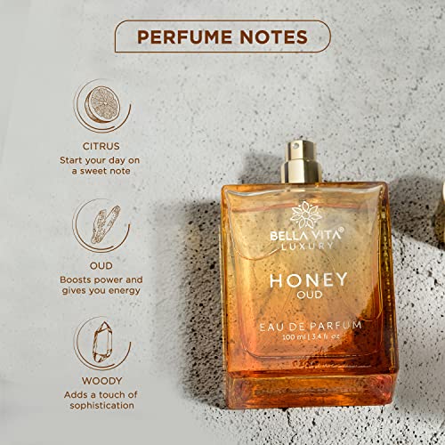 Bella Vita Luxury Honey Oud Eau De Parfum Unisex Perfume for Men & Women with Patchouli, Vanilla, Bergamot | Floral, Spicy EDP Fragrance Scent, 100 Ml