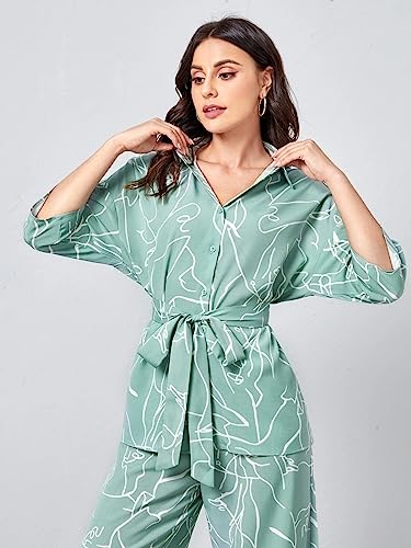 GRECIILOOKS Women Co Ord Set| Collared Self Belted Allover Print| Half Sleeve Shirt| Straight Shirt with Belt| Women Two-Piece Outfits| Summer Wear| Outdoor Wear (XX-Large, Light Green)