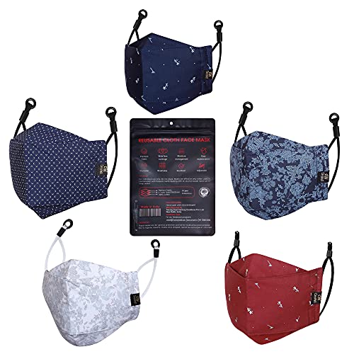 Cenwell 5 Pcs 100% Cotton 3d Mask with Adjustable Earloop, Ear Saver Strap & Meltblown Filter, Printed, Breathable, Reusable, Washable Designer Fabric Face Mask for Men, Women & Teens