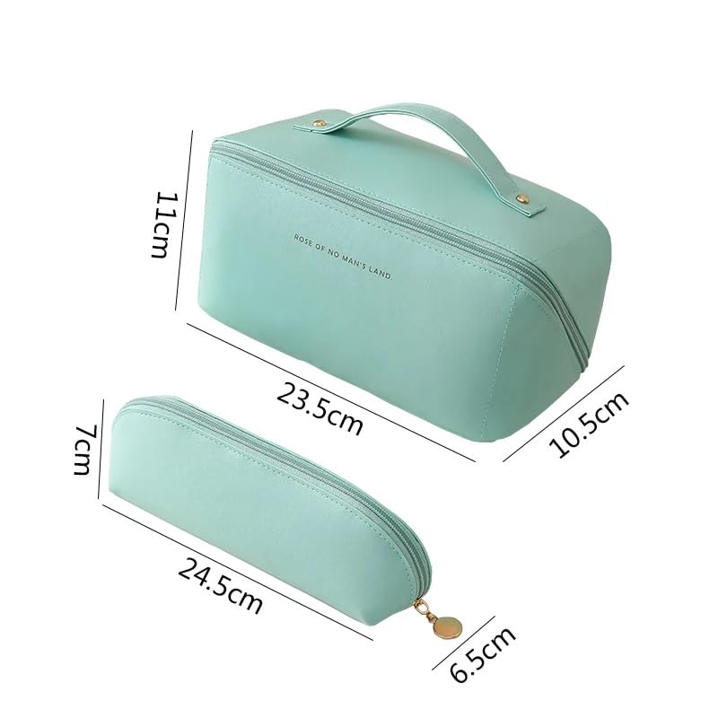 BLUE BEADS 2pcs Women PU Leather Cosmetic Bag with Makeup Brush Bag Multifunction Toiletries Organizer Portable Travel Waterproof Makeup Pouch Toiletry Bag for Women and Girls (Beige)