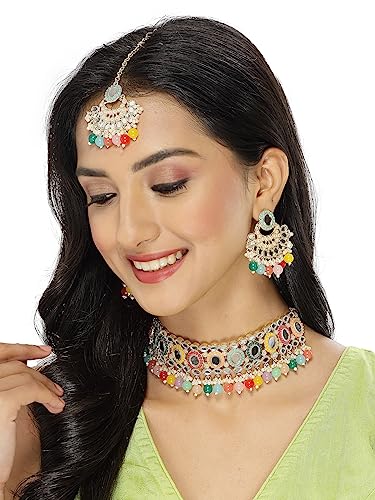 Sukkhi Classy Choker Necklace Earring Jewellery Set with Maangtikka Jewellery Set for Women