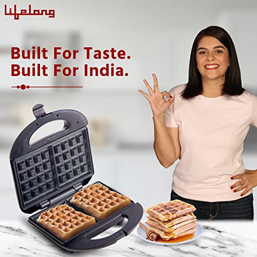 Lifelong LLWM105 750-Watt Belgian Waffle Maker for Home| Makes 2 Square Shape Waffles| Non-stick Plates| Easy to Use with Indicator Lights (1 Year Warranty, Black)