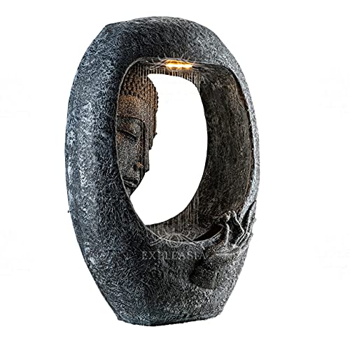 EXPLEASIA Resin Rock Carved Buddha Face Shower Water Fountain For Home, Office, Garden (Dark Grey)