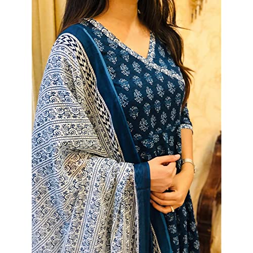 KLOSIA Women's Rayon Anarkali Kurta Pant and Dupatta Set (Large) Blue