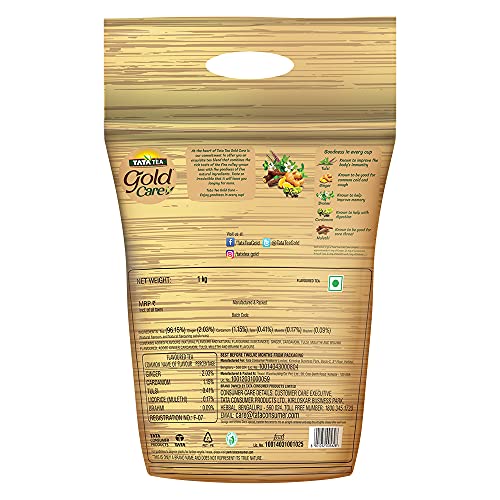 Tata Tea Gold Care, Rich in Taste, Goodness of Elaichi, Ginger, Tulsi, Brahmi & Mulethi, Black Tea, 1kg