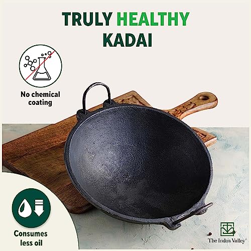 The Indus Valley Pre-Seasoned Cast Iron Kadai with Strong Handles | Very Small, 20.8cm/8inch, 1.1Ltr, 1.8kg | Induction Friendly | Naturally Nonstick, 100% Pure & Toxin-Free, No Chemical Coating